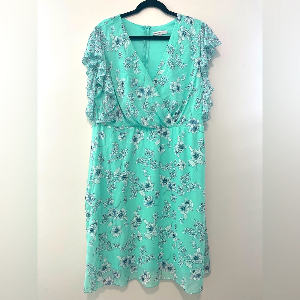 Sandra Darren turquoise, floral knee length, dress, flutter sleeve